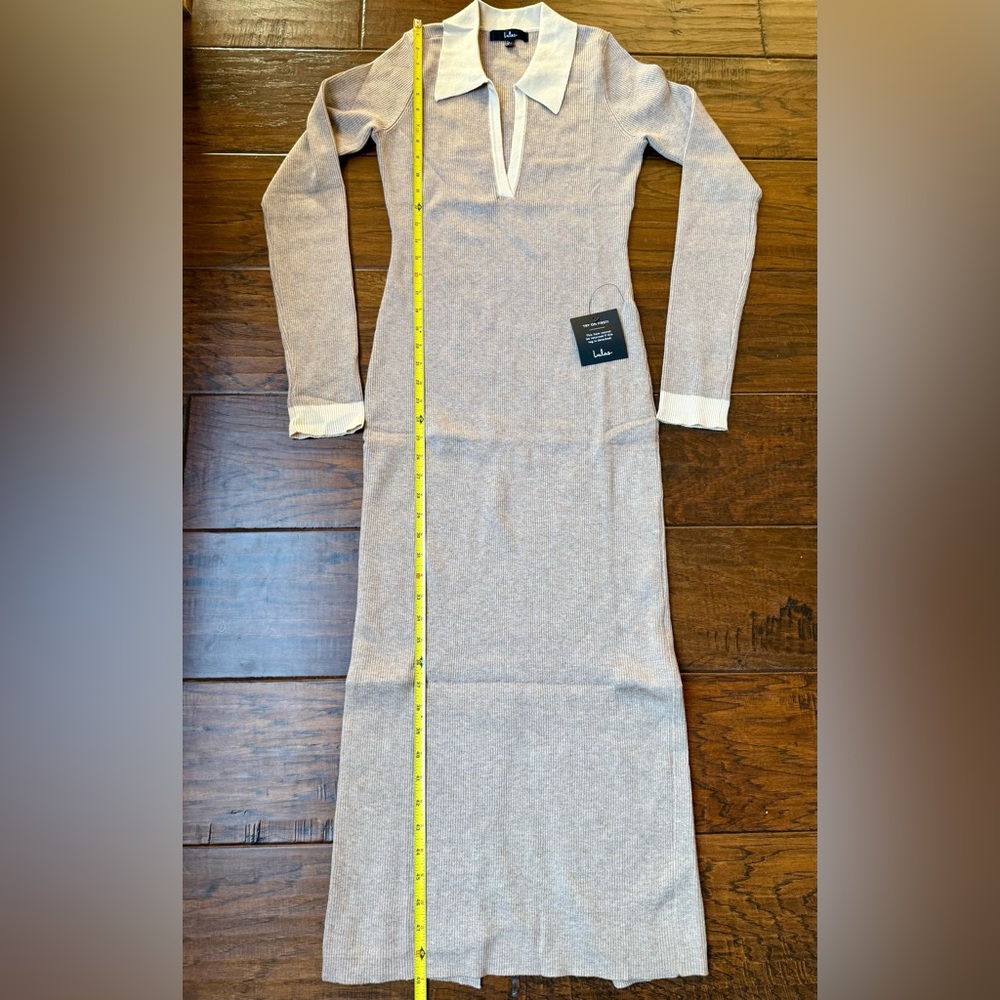 Lulus Taupe Block Midi Sweater Dress Ribbed Knit Collared Midi size L - Picture 8 of 12